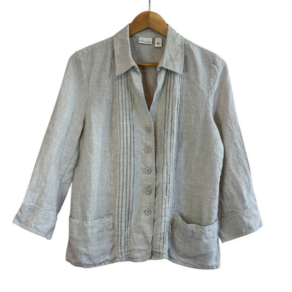 Kim Rogers Linen Shirt Petite L Oatmeal Pintuck Button Front Pockets Casual - Picture 1 of 10